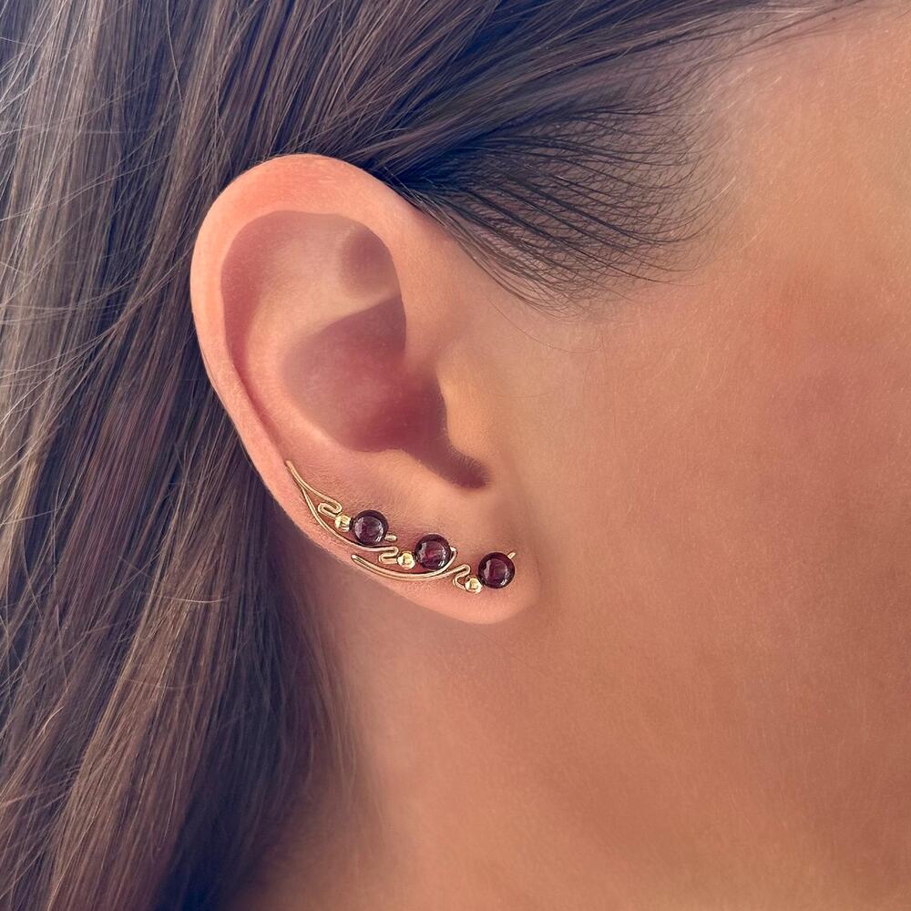 Garnet Ear Climber Earrings, 14k Gold Red Gemstone Crawlers, Dark Red Jewelry
